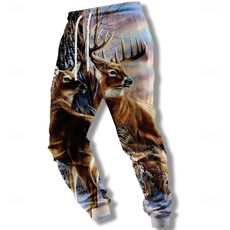 Men's Animal Reindeer Hunting Sweatpants Joggers Trousers Mid Waist Drawstring Elastic Waist Casual Vintage Retro Outdoor Camping & Hiking Hunting Athletic Sweatpants with Pockets Spring Fall 3D Print