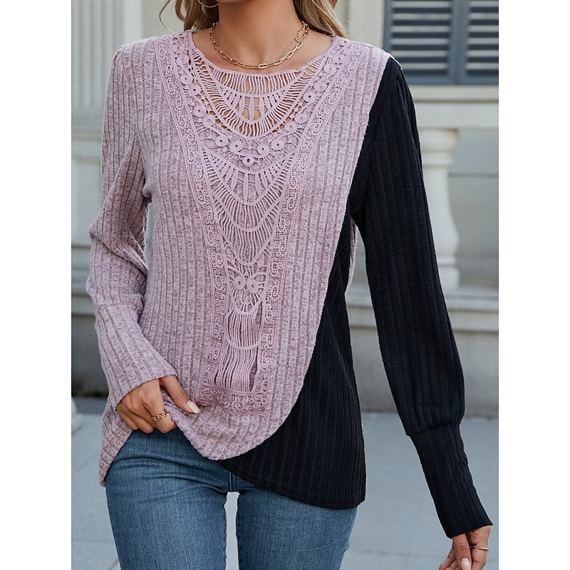 Women's Blouse Solid Color Stylish Casual Long Sleeve Crew Neck Regular Tops Daily Lace Patchwork Purple Spring Fall Winter3