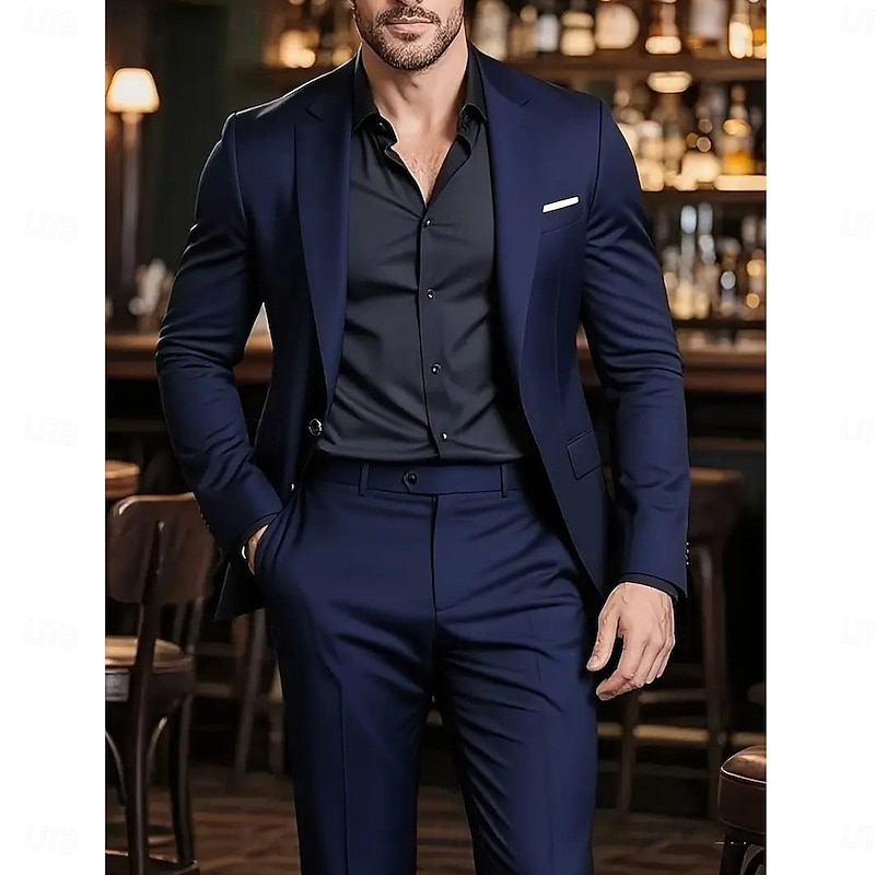 Men's Wedding Casual Business Suits Notch Lapel Black Navy Blue Daily Formal Solid Colored Tailored Fit 2 Piece Single Breasted Two-buttons