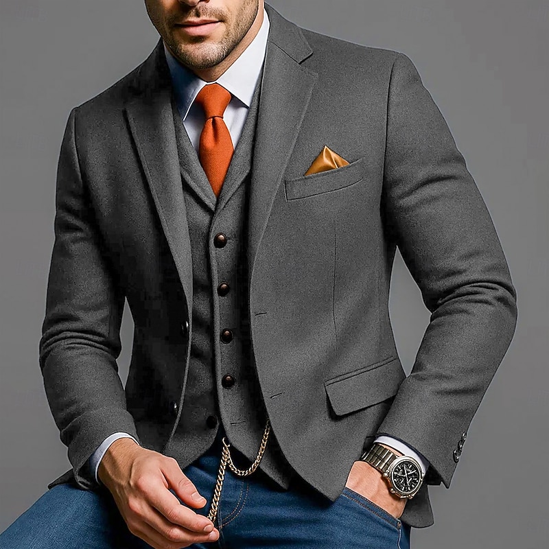 Men's Blazer Formal Business Wedding Party Elegant Fashion Winter Spring &  Fall Wool Polyester Plain Pocket Casual / Daily Single Breasted Blazer Black Burgundy Navy Blue Gray4