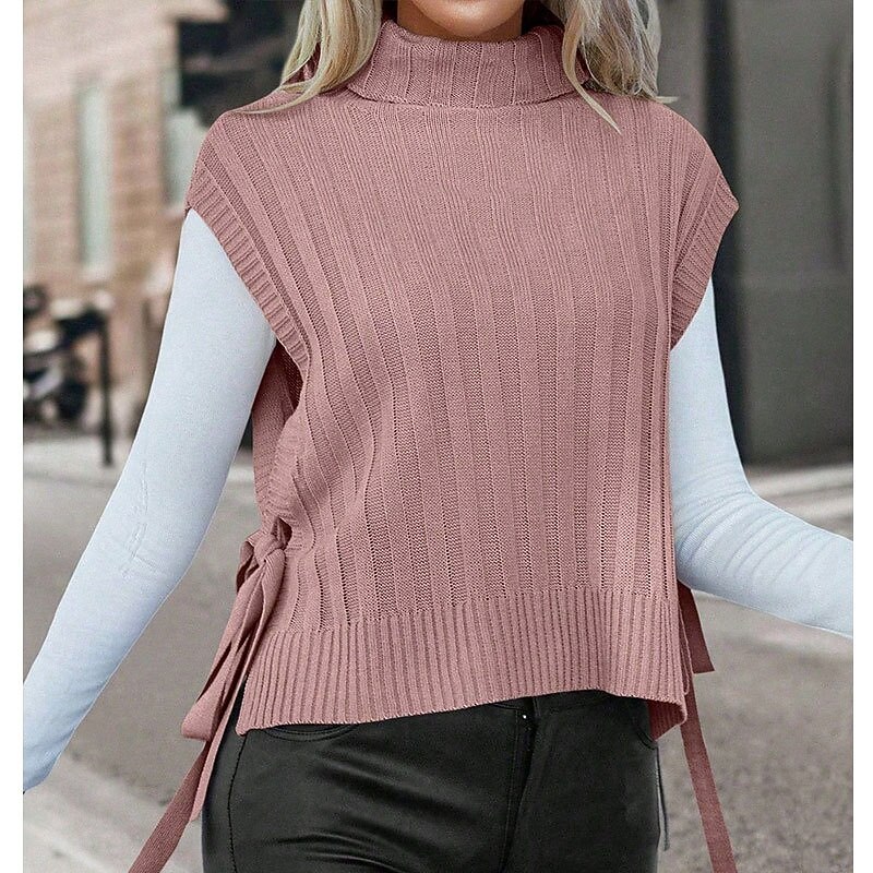 Women's Sweater Pullover Streetwear Casual Solid Color Turtleneck Knitted Sleeveless Regular Tops Knit Daily Holiday Going out Pink Apricot Fall Winter4