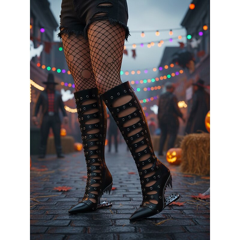 Women's Gothic Cutout Knee-High Heels with Spiked Sculptural Wedge - Black Punk Fetish Boots for Halloween, Cosplay and Alternative Fashion Parties4
