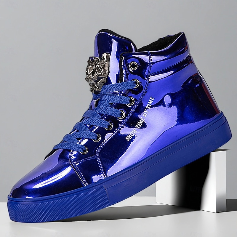 Men's Blue Metallic High Top Sneakers – Stylish Lace-Up Fashion Shoes with Glossy Finish for Street Dance, Nightlife and Parties