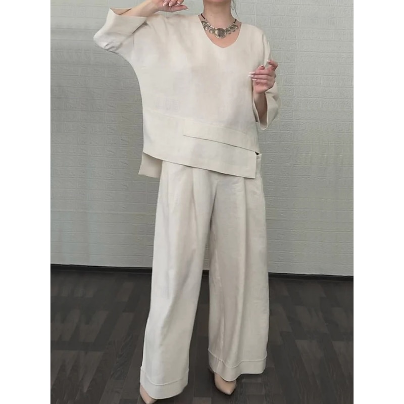 Women's Fashion Streetwear Pants Sets Bolero Top 3/4 Length Sleeve V Neck Solid Color Outdoor Work Casual Black White Pink Spring Loose Fit