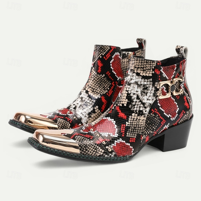 Men's Red and Black Snake Print Leather Boots – Exotic Pointed Toe Ankle Boots with Metal Cap for Weddings, Gatsby Parties and Evening Outfits2