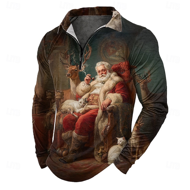 Christmas Men's Santa Claus Zip Polo Shirts Long Sleeve Polo Shirts Lapel Casual Outdoor Daily Wear Festival Outfit 3D Print Spring Fall Winter Dark Green