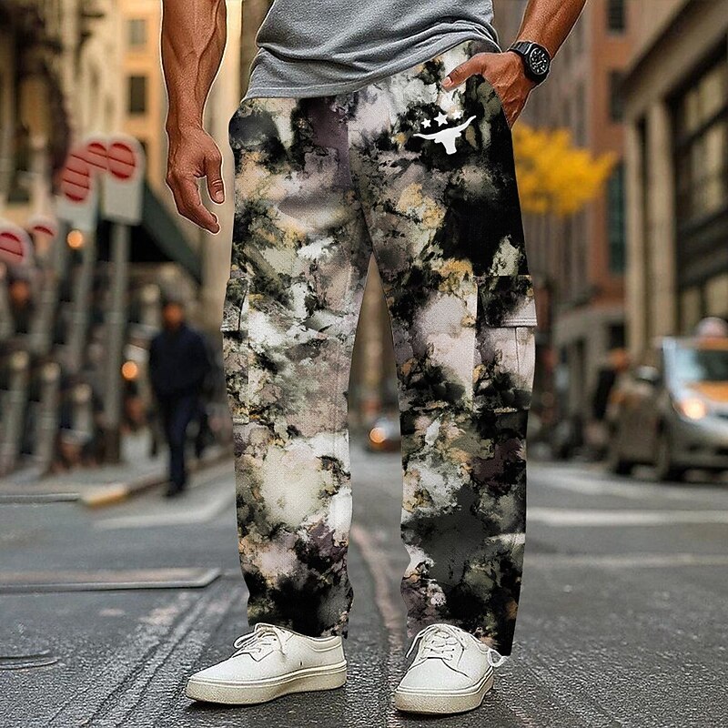 Men's Camo Camouflage Cargo Sweatpants Joggers Casual Pants Mid Waist Casual Outdoor Athletic Hunting Elastic Drawstring Waist Open Bottom Tactical Pants with Pockets Spring Fall 3D Print Black