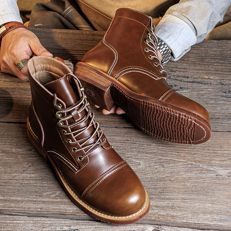 Men's Brown Faux Leather Lace-Up Boots with Retro Stitch Detailing – Casual Outdoor Ankle Work Boots for Everyday Wear3