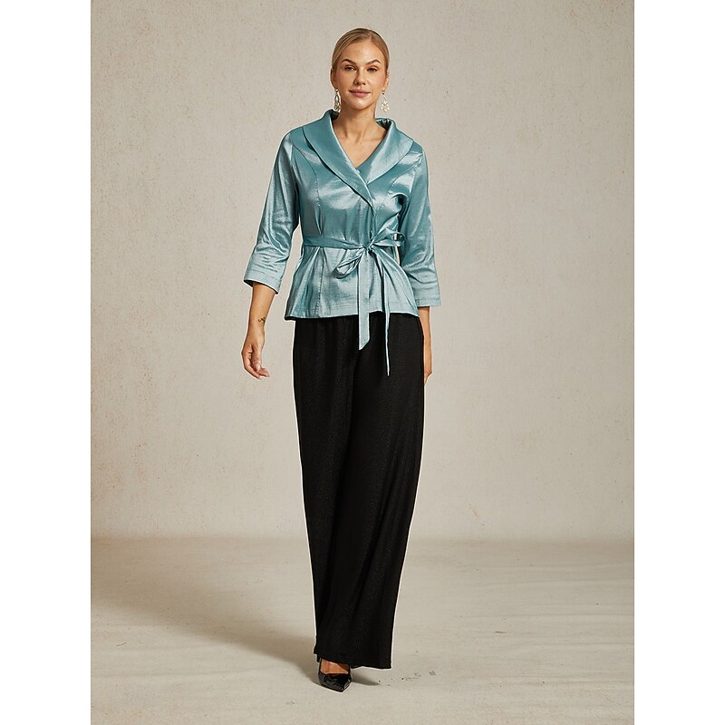 Women's Blouse Evening Tops Elegant Metallic Stylish 3/4 Length Sleeve V Neck Regular Tops Wedding Guest Evening Party Semi Formal Tie Front Dusty Blue Spring, Fall, Winter, Summer4