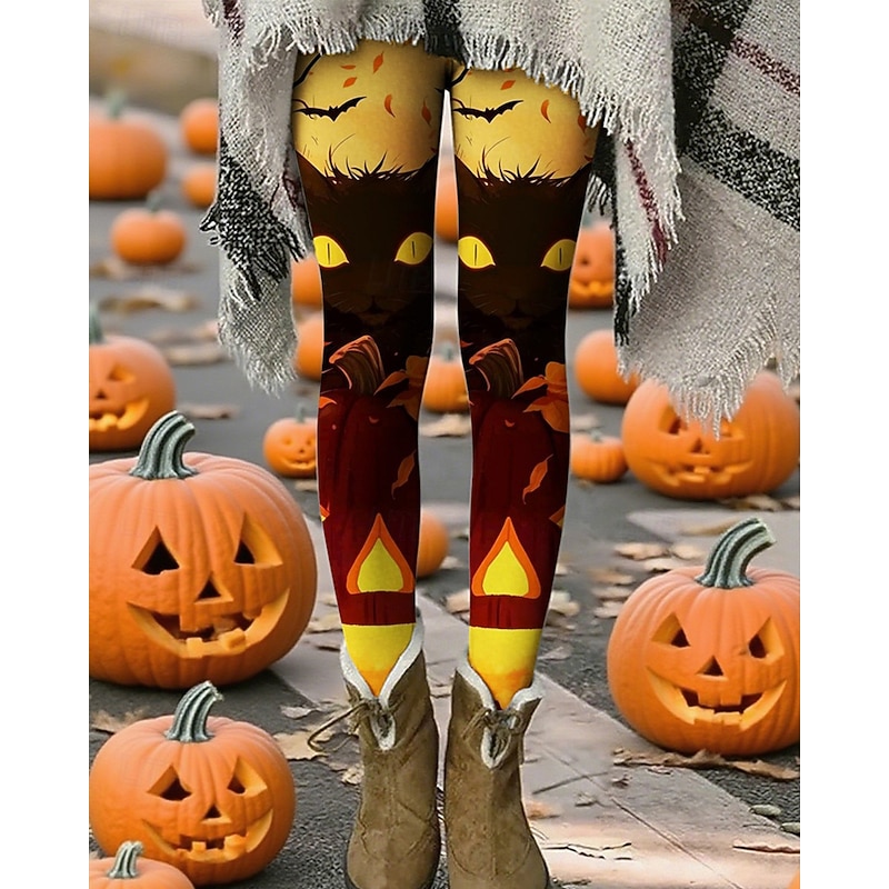 Women's Pants Trousers Leggings Cozy Leggings Streetwear Casual Full Length High WaistPantsHalloween Cat Elastic Waist Print Breathability Comfortable Stretchy Vacation Street Daily Wear Yellow2