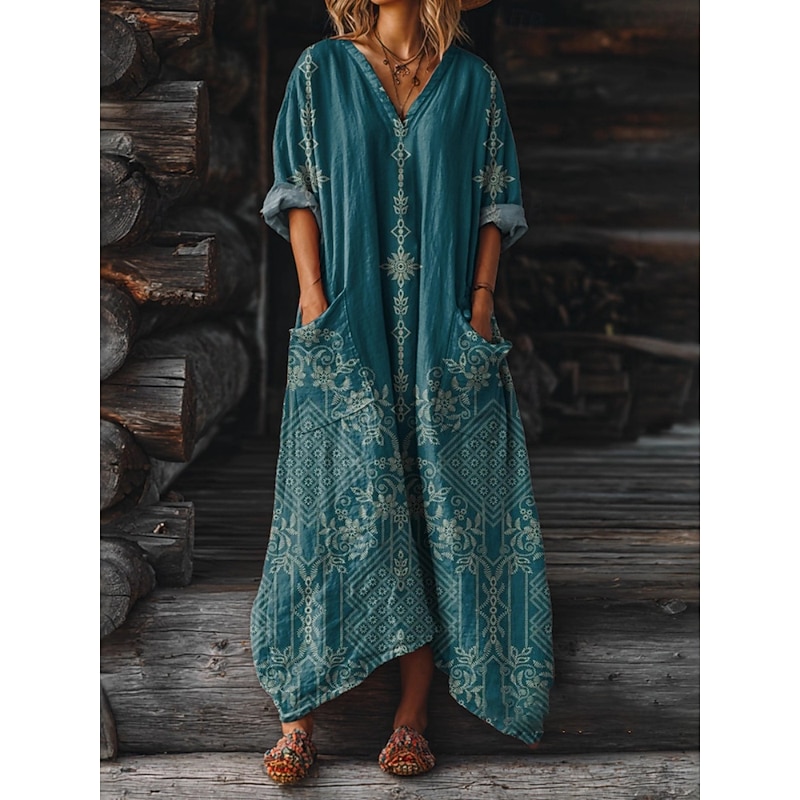 Women's Maxi Dress A Line Dress Vacation Casual Daily Regular Fit Loose Fit Floral Graphic Long Sleeve V Neck Pink Dark Pink Red Blue Summer Spring Fall3