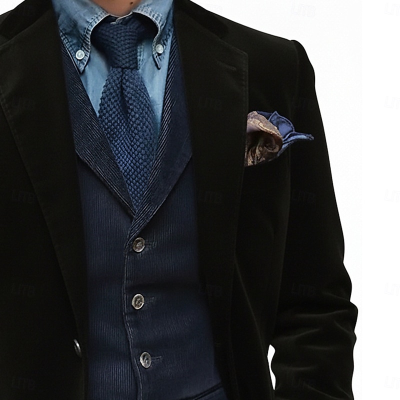 Men's Velvet Blazer Jacket Notch Collar Classic Solid Colored Blazer Black Brown Dark Blue Tailored Fit Single Breasted Two-buttons2