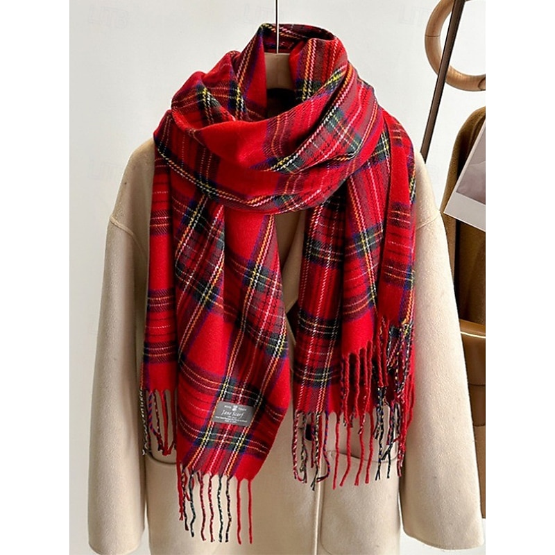 Women's Christmas Plaid Scarf, Warm Winter Tartan Shawl Wrap with Fringe, Cozy Fashion Accessory for Holiday Party and Outdoor Wear