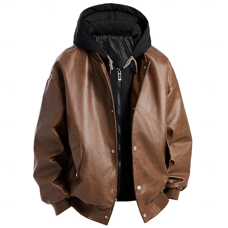 Men's Faux Leather Jacket Hoodie Jacket Motorcycle Jacket Outdoor Casual Windbreaker Hooded Fake two piece Fall Winter Solid Color Punk Active Hooded Regular Black Brown Khaki Jacket