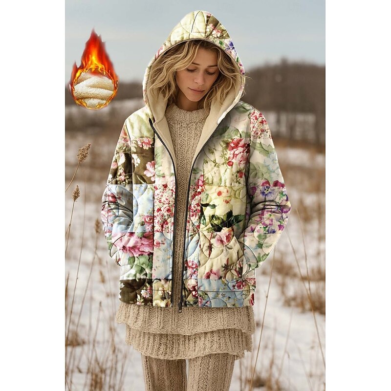 Women's Zip Up Hoodies Floral Graphic Paisley Warm Active Vintage Long Sleeve Hooded Regular Tops Home Party Evening Wear Dailywear Zip Up Patchwork Zipper Pink Green Spring Fall Winter
