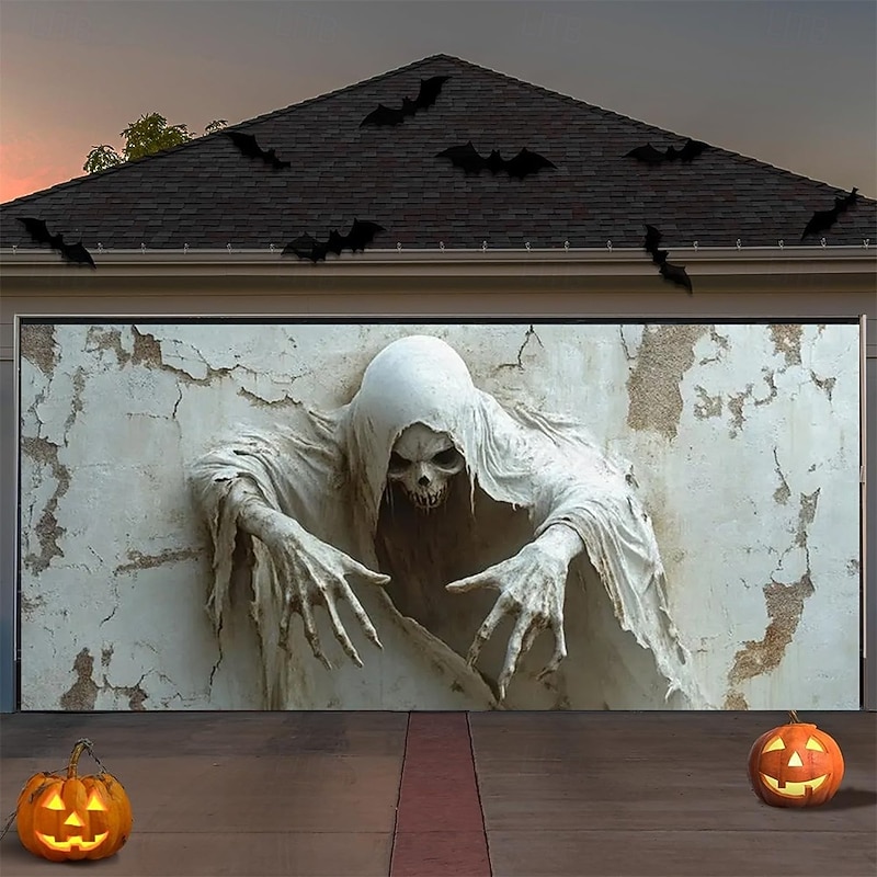 Halloween Garage Door Cover 3D Relief Grim Reaper with Hooded Cloak Banner Haunted House Horror Scene Spooky Backdrop Tapestry for Outdoor Wall Fence Yard Halloween Party Decoration