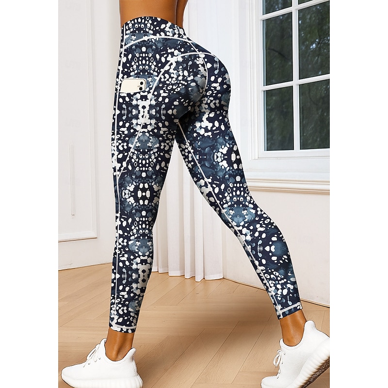 Women's Unisex pilates leggings fitness pants Gym Leggings Pockets Stamp Duty Side Pockets Pilates Gym Gym Workout Pants Tights Leggings Polka Dot Abstract Geometry Black+White+Navy Blue Sports