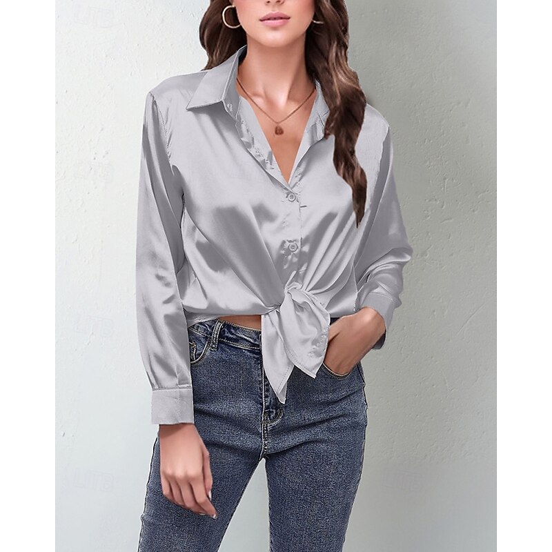 Women's Shirt Elegant Dressy Satin Plain Stylish Casual Long Sleeve Shirt Collar Regular Tops Daily Going out Buttons Black Pink Wine Red Navy Blue Spring Fall2