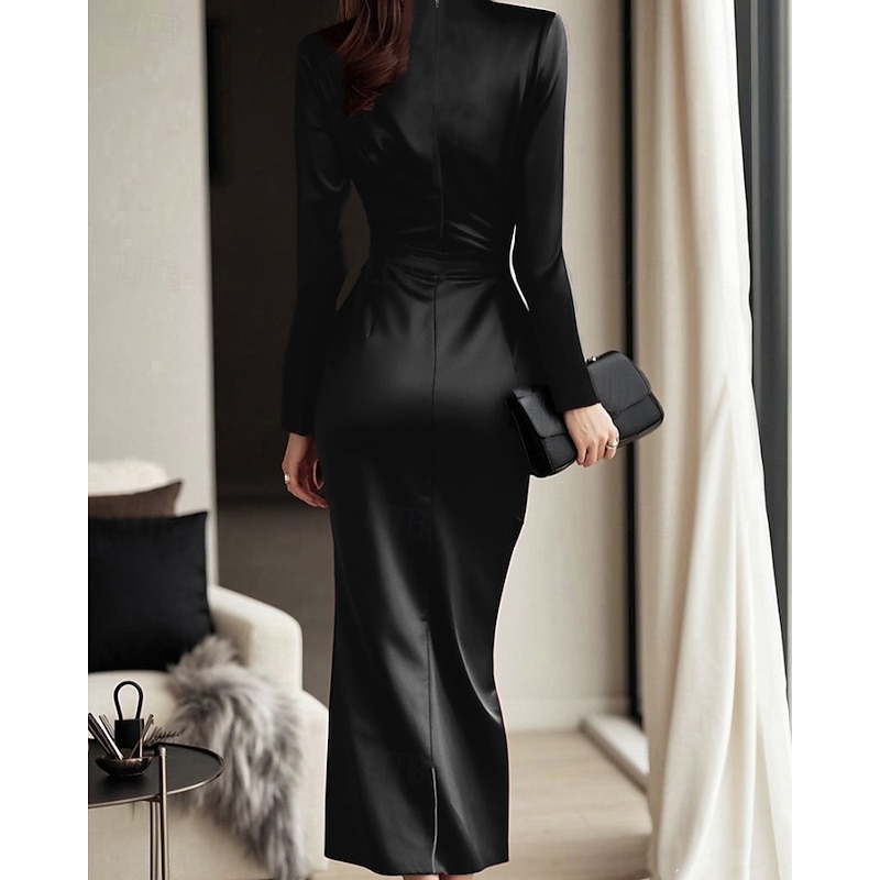 Women's Midi Dress Party Dress Cocktail Dress Satin Dress Elegant Modern Party Evening Party Regular Fit Plain Long Sleeve V Neck Black Wine Fall Winter3