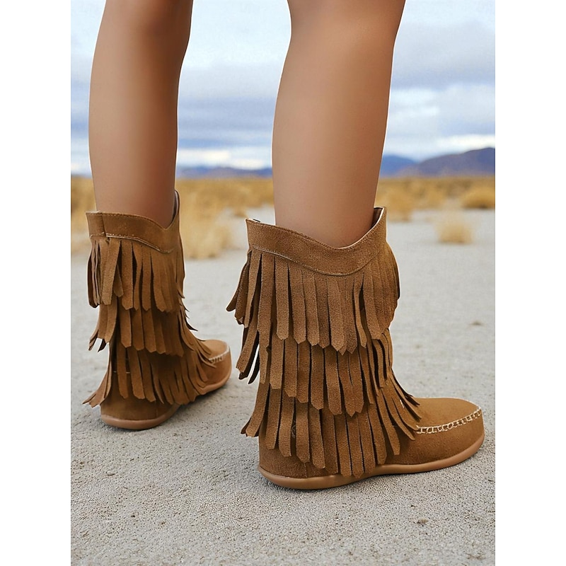 Women's Fringe Moccasin Mid-Calf Boots with Stitched Detail, Casual Western Style for Outdoor and Festival Wear4