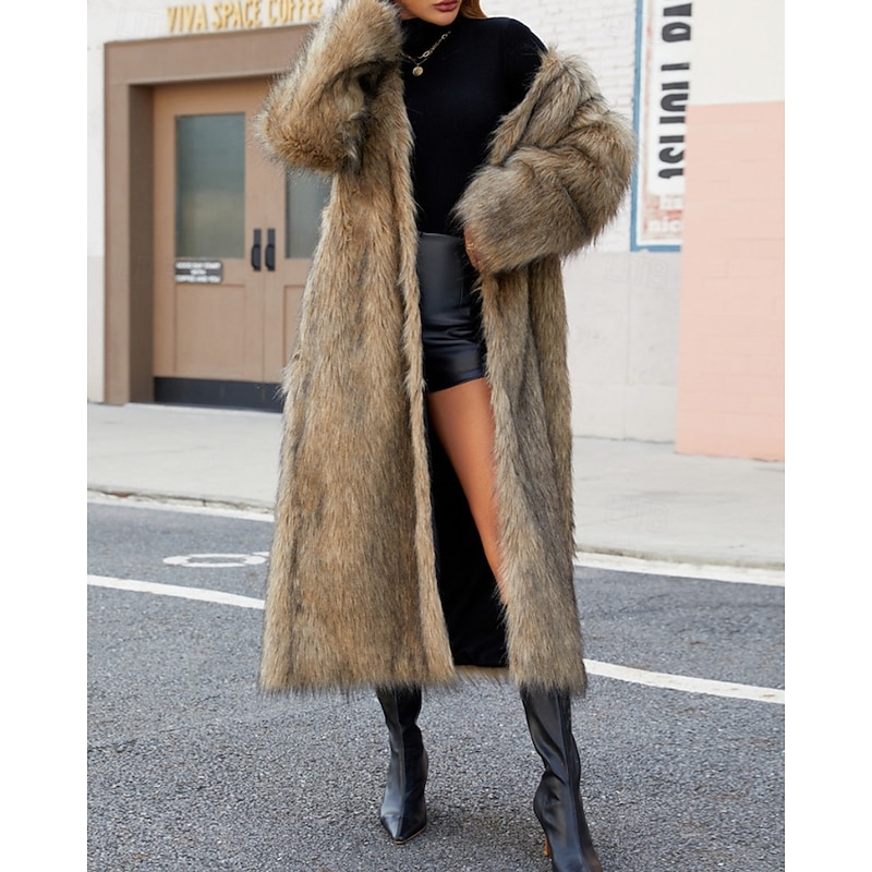 Women's Coat Faux Fur Coat Warm Comfortable Furs & Leathers Fashion Plain Vacation Street Daily Wear Going out Long V Neck Regular Fit Long Sleeve Outerwear Khaki Fall Winter4