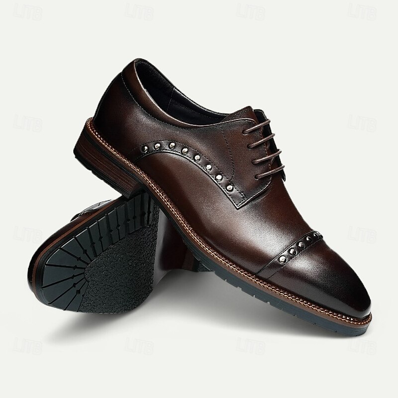 Men's Dark Brown Oxford Dress Shoes Elegant Lace-Up Business Formal Footwear with Stud Detailing for Banquets, Office and Weddings4