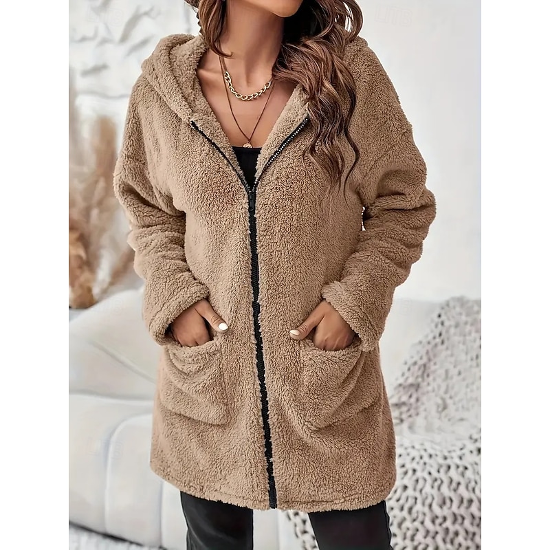 Women's Sherpa Jacket Comfortable Breathable Zipper Pocket Elegant Casual Plain Vacation Street Casual Daily Wear Zipper Regular Long V Neck Regular Fit Long Sleeve Outerwear Khaki Spring Fall
