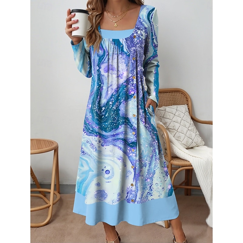 Women's Midi Dress Shift Dress Casual Daily Loose Fit Graphic Geometric Abstract Long Sleeve Square Neck Pink Blue Purple Green Spring Fall Winter3