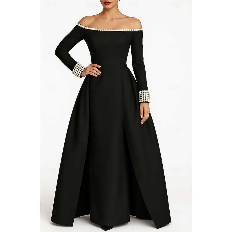 Black Tie A-Line Evening Gown Elegant Formal Dress Formal Wedding Floor Length Long Sleeve Off Shoulder Capes Satin with Pleats 2025