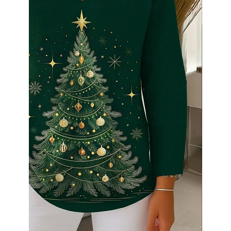 Women's Sweater Pullover Fashion Streetwear Casual Graphic Christmas Tree V Neck Oversized Knitted Long Sleeve Regular Tops Knit Outdoor Daily Green Spring Fall3