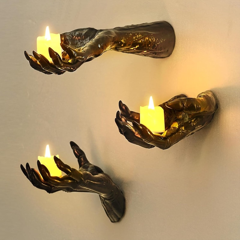 3 Pack Halloween Wall Mounted Creepy Reaching Hands with Lighted Candles for Gothic Wall Decorations Decorations Indoor Gothic Decor