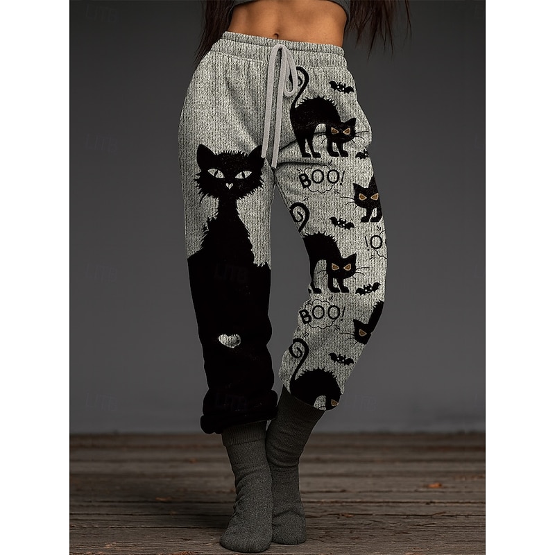 Women's Skinny Joggers Vacation Vintage Fashion Ankle-Length High WaistPantsHalloween Animal Cat Halloween Drawstring Patchwork Elastic Waistband Stretchy Formal Vacation Street Light Gray Dark Grey2