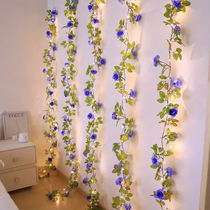 Elegant Blue Rose Vine String Lights Battery Powered 2 Meters 20 Lights Artificial Garland for Weddings Birthdays Mother's Day Lovers Bedroom Fireplace Stairs Balcony Garden Decoration3