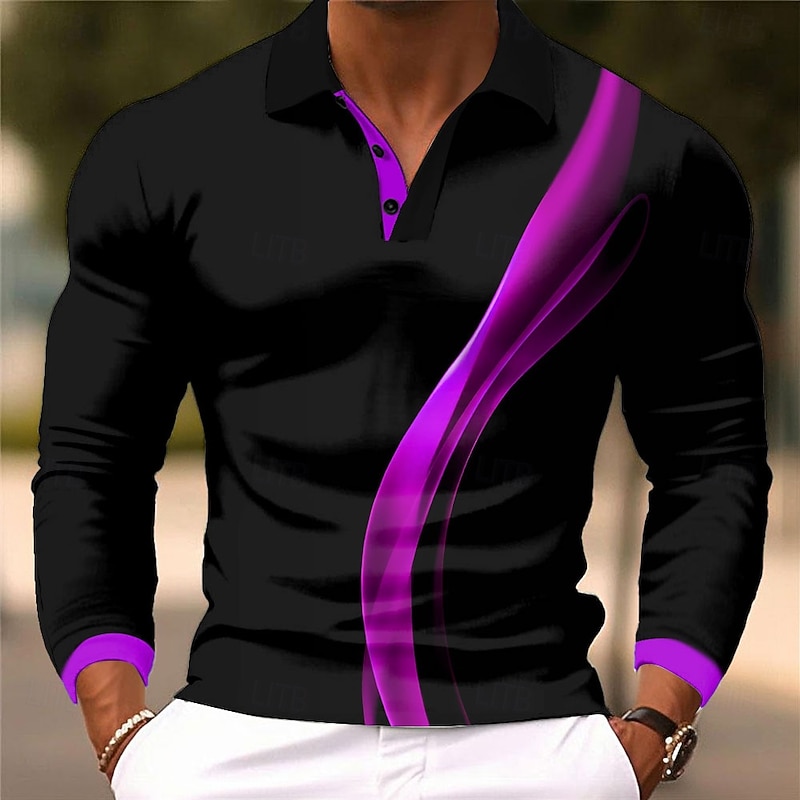 Men's Geometic Line Polo Long Sleeve Polo Shirts Collared Shirts Business Casual Business Athleisure Daily Wear 3D Print Buttons Spring Fall Winter Blue Purple Orange3