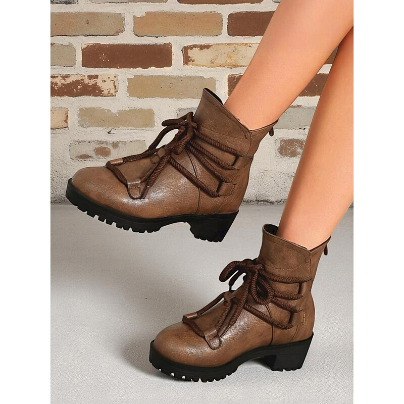 Women's Brown Faux Leather Combat Ankle Boots with Chunky Heel – Casual Outdoor & Streetwear Style4
