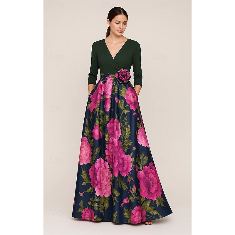 A-Line Mother of the Bride Floral Print Evening Gown Elegant Formal Dress Formal Wedding Floor Length Stretch Crepe Top 3/4 Length Sleeve V Neck Pocket Satin with Flower4