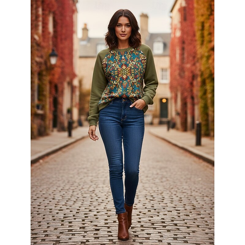Women's Pullover Sweatshirts Floral Graphic Vintage Streetwear Long Sleeve Round Neck Regular Tops Dailywear Casual Print Wine Purple Orange Green Spring Fall2