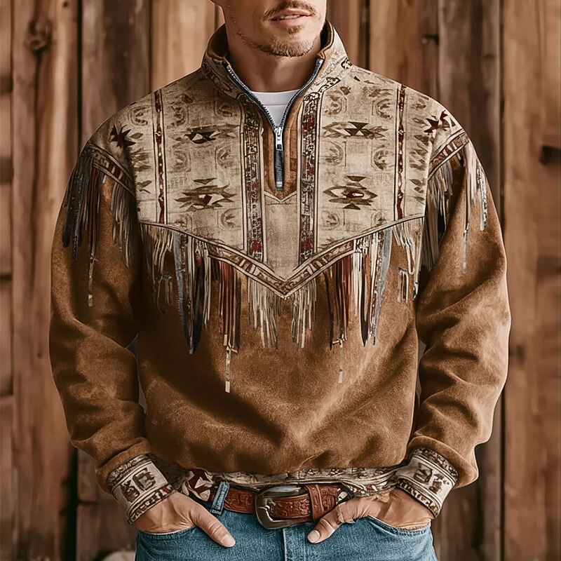 Men's Aztec Tribal Sweatshirt Ethnic Vintage Retro Stand Collar Outdoor Work Gift Black Brown Zipper Fall Winter Designer3