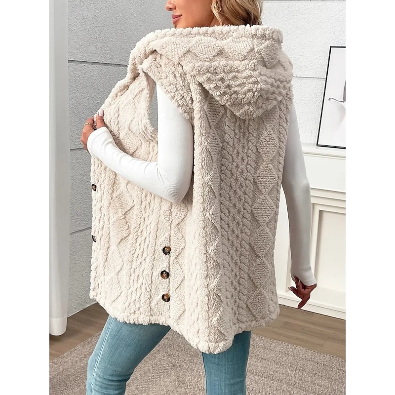 Women's Sherpa Jacket Comfortable Breathable Buttons Casual Plain Vacation Street Casual Daily Wear Single Breasted Regular Hooded Regular Fit Sleeveless Outerwear Beige Spring Fall2