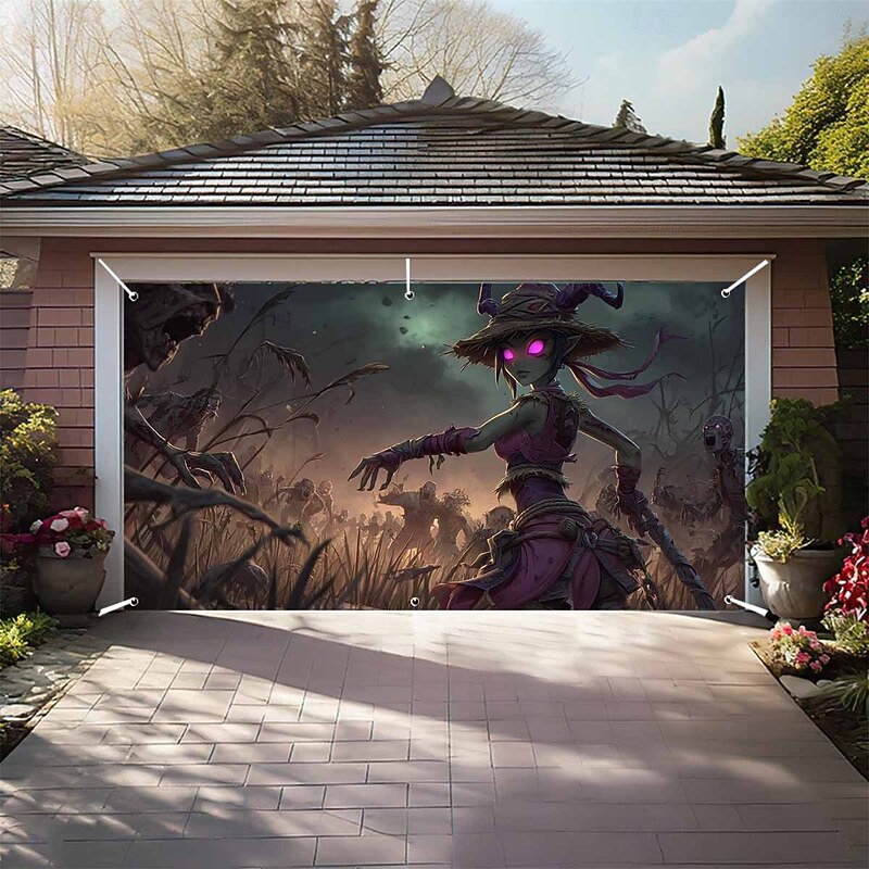 Halloween Garage Door Cover Night Castle Witch Bats Bare Trees Pumpkin Moon Large Outdoor Backdrop with Grommets Yard Front Porch Wall Decorations3