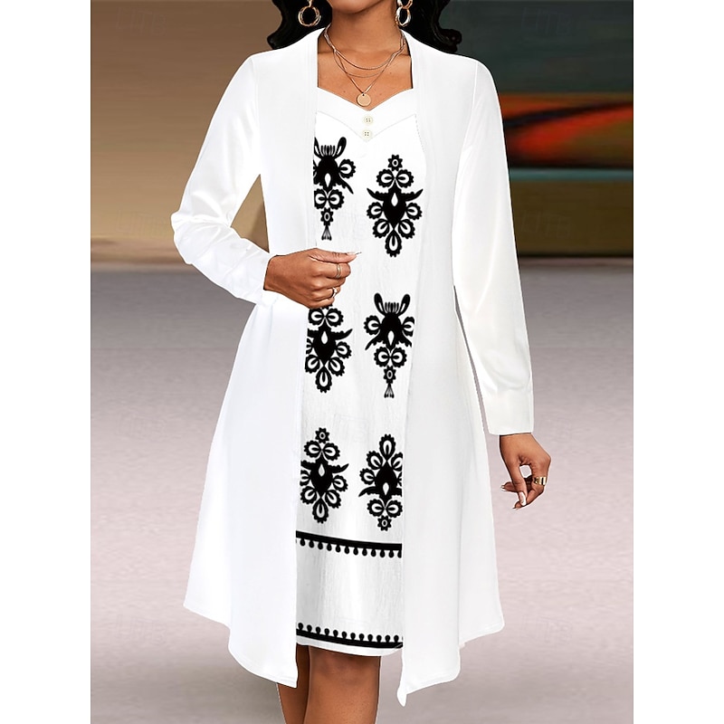 Women's Midi Dress A Line Dress Casual Daily Loose Fit Floral Long Sleeve V Neck White Summer Spring Fall