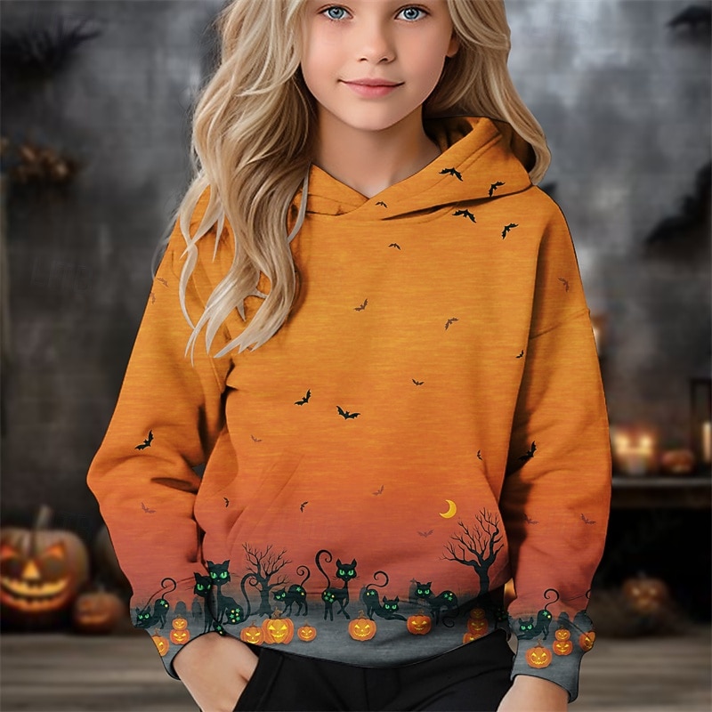 Halloween Girls' 3D Pumpkin Hoodie Long Sleeve Fall Winter Fashion Adorable Basic Kids 4-12 Years Hooded Outdoor Casual Daily Regular Fit