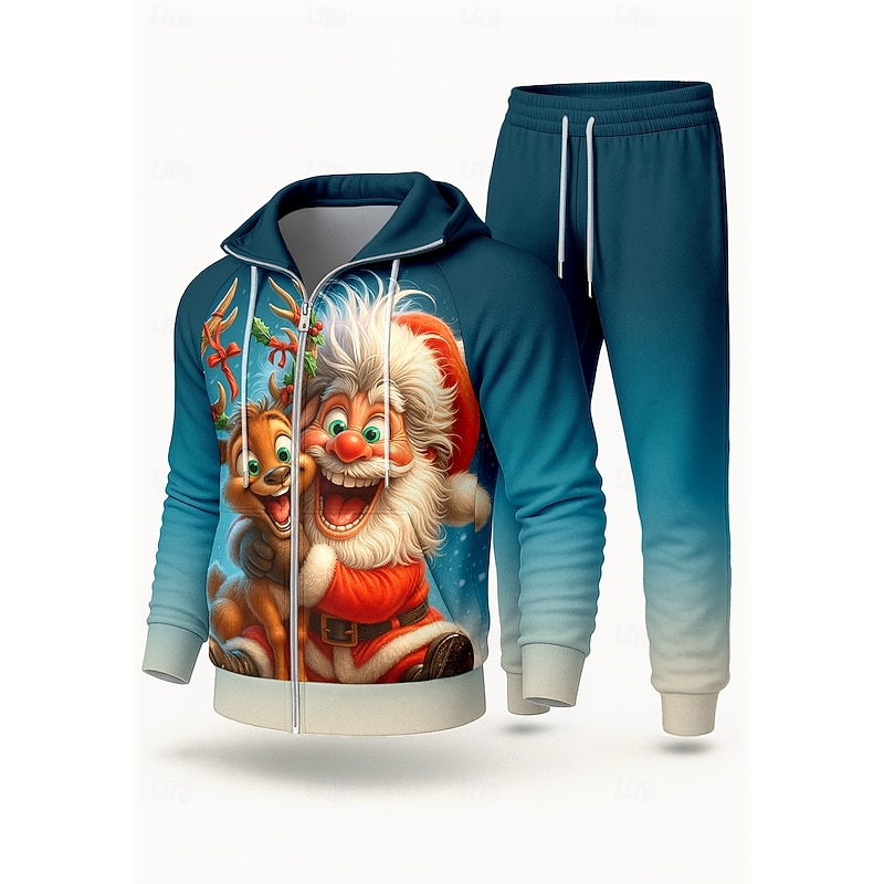Christmas Men's Hoodie Tracksuit 2 Piece Tracksuit Drawstring Zip Up Color Gradient Athletic Clothing Set Clothing Suit Fall Blue Vocation Outdoor Travel Lightweight Fashion Long Sleeve Sport