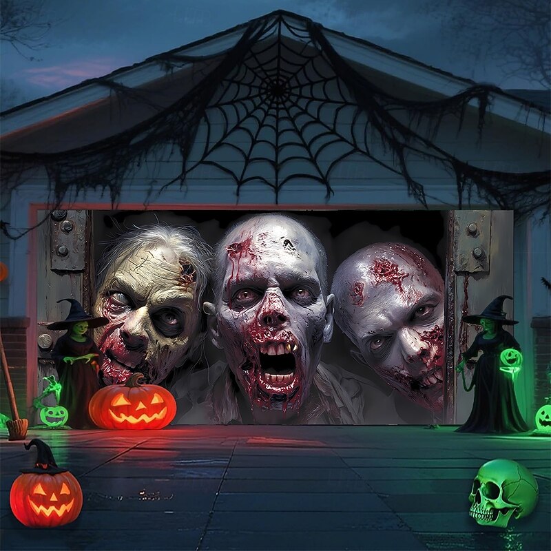 Halloween Garage Door Cover Large Hanging Backdrop Bloodstains Zombies Zombie Containment Unit Dark Punk Gothic Style Party Outdoor Shooting Backgrounds Yard Haunted House Home Decor2