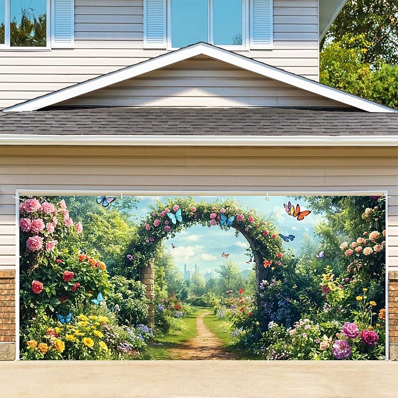 Tapestry Garage Door Cover Large Hanging Backdrop Butterfly Archway Forest Rustic Cottagecore 3D Scenic Party Outdoor Shooting Backgrounds Front Door Home Decor3