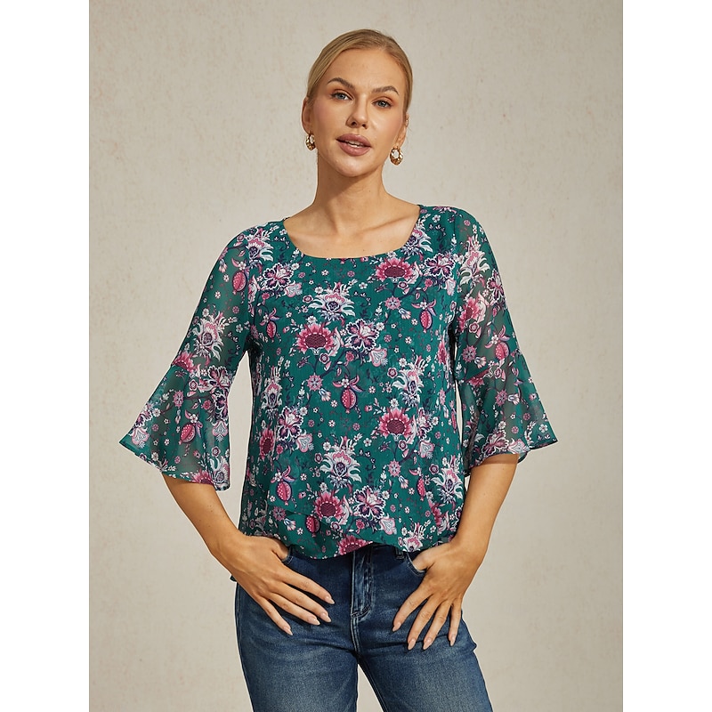 Women's Green Floral Print Sheer Flowy Chiffon Blouse Flared Sleeve