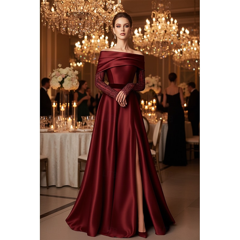 Burgundy A-Line Evening Gown Elegant Formal Dress Formal Wedding Floor Length Long Sleeve Off Shoulder Stretch Satin with Pleats Beading Lace Applique Slit 2025