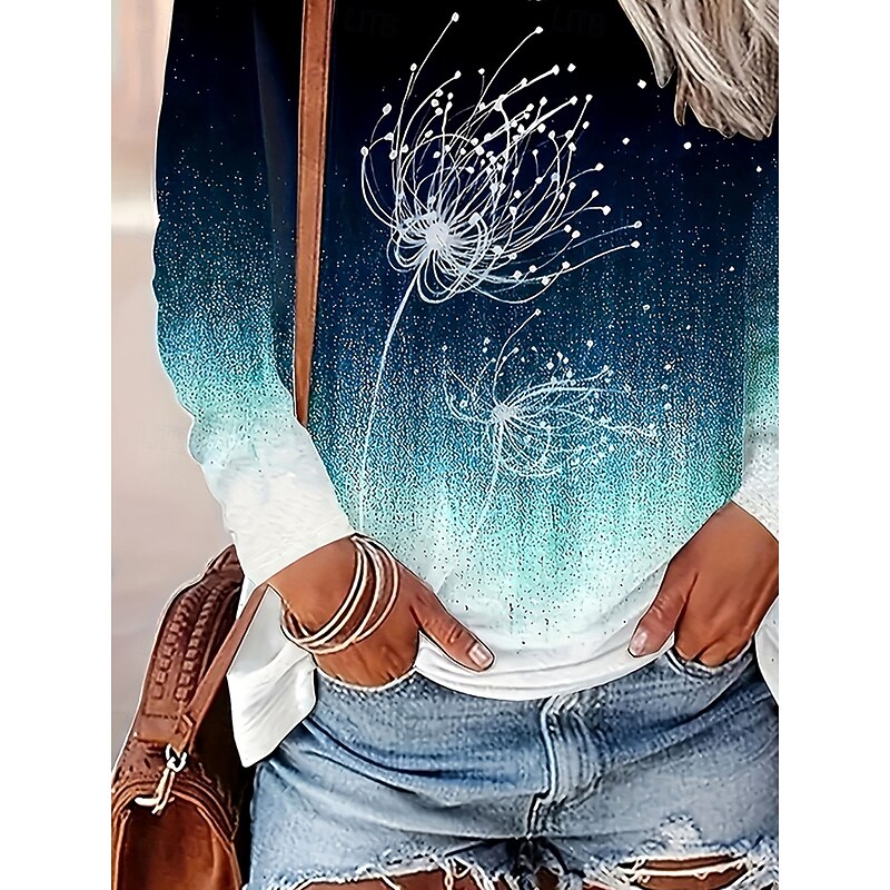 Women's T Shirt Ombre Graphic Plants Vintage Stylish Classic Long Sleeve Crew Neck Round Neck Regular Tops Daily Print Blue Spring Fall Winter3