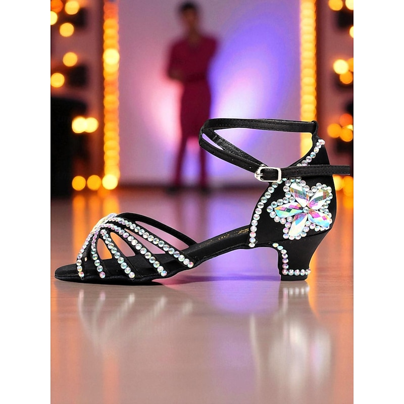 Women's Rhinestone Latin Dance Shoes - Sparkly Ballroom Party Sandals with Low Heel for Salsa, Rumba and Social Events3