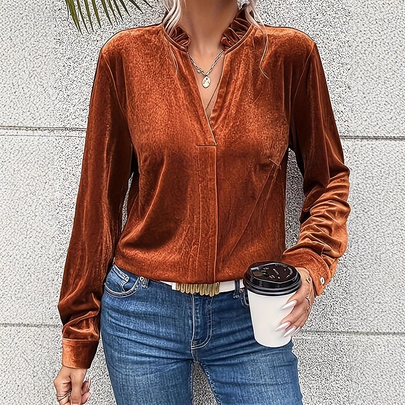 Women's Shirt Blouse Plain Stylish Business Long Sleeve V Neck Regular Tops Work Daily Holiday Ruched Ruffle Camel Spring Fall